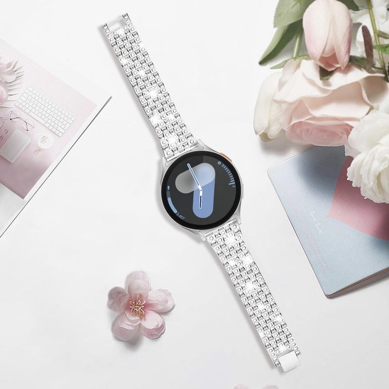 DEALELE Bands Compatible with Samsung Galaxy Watch 7 / FE / 6/6 Classic / 5/5 Pro / 4/4 Classic/Huawei GT3 / GT2 42mm, 20mm Bling Diamond Metal Replacement Strap for Women Men (Silver) - Image 3